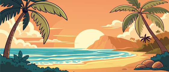 Sunset Over Tropical Ocean Beach with Palms