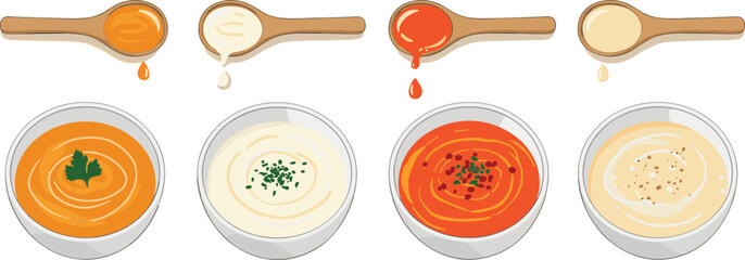 Different types of soup in bowls with spoons dripping broth, creamy and vegetable varieties, delicious homemade recipes, warm comfort food and culinary presentation illustration