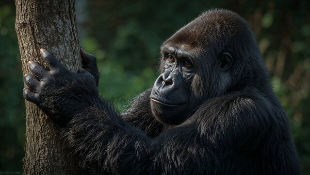 Gorilla resting against a tree trunk. - Powered by Adobe
