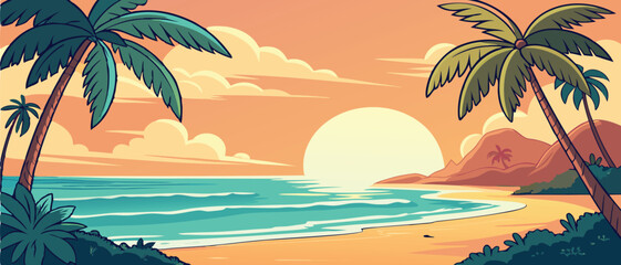 Sunset Over Tropical Ocean Beach with Palms