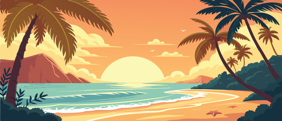 Sunset Over Tropical Ocean Beach with Palms