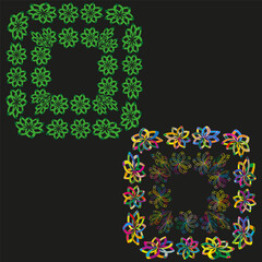 Ornament pattern icon. Green and colorful shapes. Vector flower structure. Black contrast background.