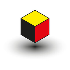 Fototapeta premium Cube vector shape. Red yellow black. Isometric box figure. Three color shadow