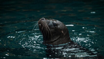 Fototapeta premium Close-up of a sea lion in dark water.
