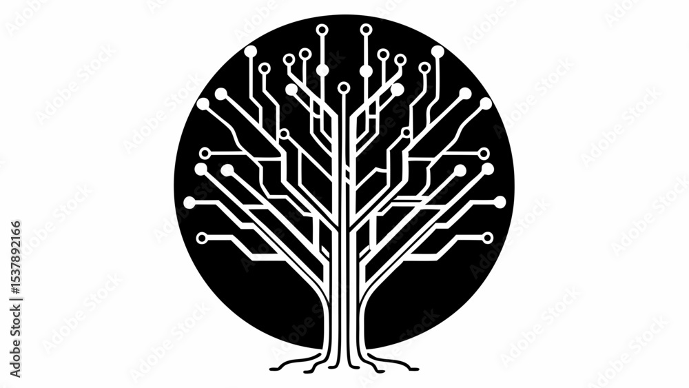 Poster stylized tree with circuit board design inside a black circle on a white background element vector c