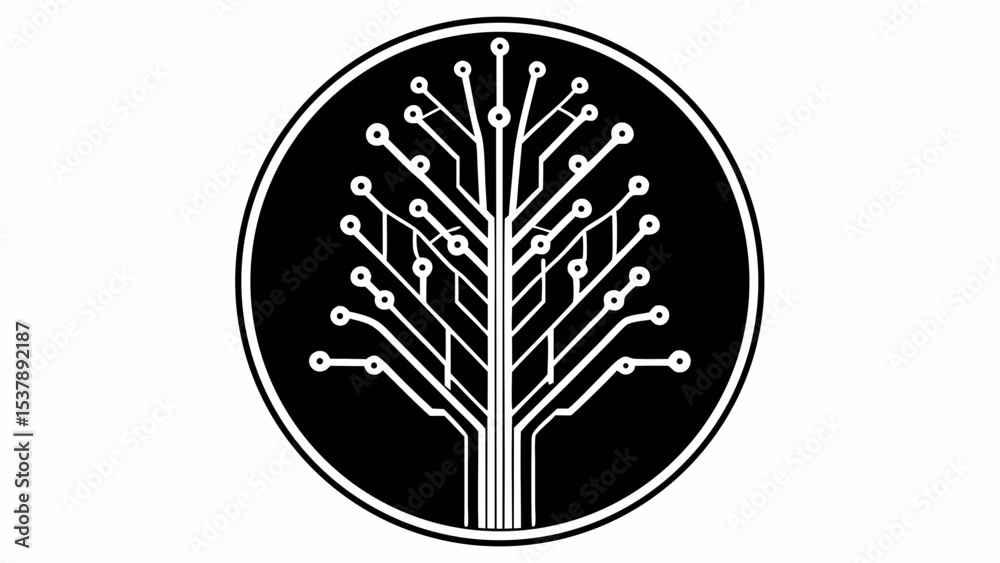 Poster circuit tree illustration inside a black circle with white lines and nodes design element created wi