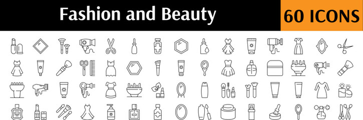 Obraz premium Minimalistic Linear Illustrations of Beauty. Contains Icons of Perfume, Brush, Cosmetics, Hair Dryer for Graphics, Concept, Apps