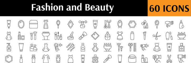 Beauty Line Icon Set. Contains Icons of Perfume, Brush, Cosmetics, Hair Dryer for Graphics, Concept, Apps