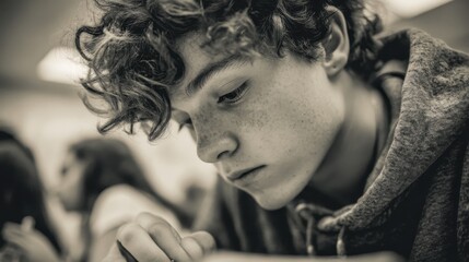 Close-up black-and-white portrait of a focused student.