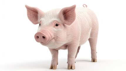 Pink piglet with curled tail stands facing forward on a clean white backdrop