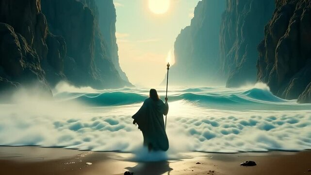 Moses guides Israelites across the parted Red Sea in a breathtaking 4k cinematic depiction of this biblical miracle showcasing faith and exodus.