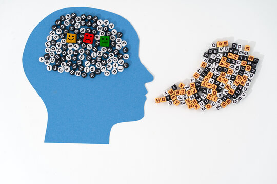 A paper-cut human head with mix of letters in the brain area, accompanied by block cubes labeled with sad, smile, and expressionless emojis, and streams of mixed letters flow from the mouth