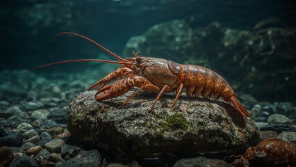 Close-up of a crawfish on a rock.
