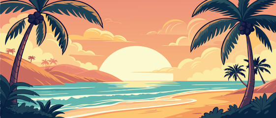 Obraz premium Tropical Beach Sunset with Palm Trees Landscape