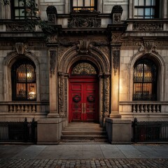 Ornate historical building facade with a red door and detailed windows, glowing under dusk skies.
