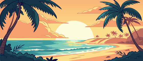 Sunset Over Tropical Ocean Beach with Palms