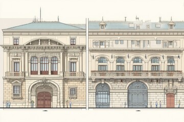 Detailed illustration of a palace facade renovation, emphasizing the transformation process.