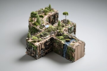 Detailed miniature landscape nestled within a three-dimensional letter form.