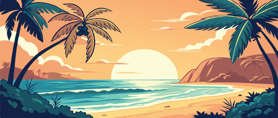 Sunset Over Tropical Ocean Beach with Palms