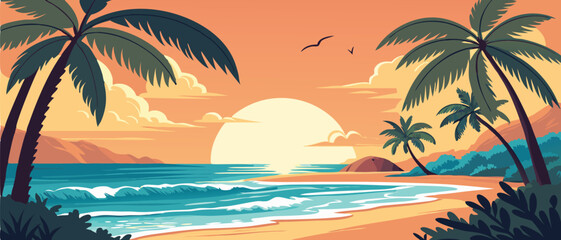 Sunset Over Tropical Ocean Beach with Palms