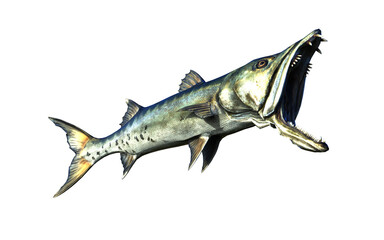 3d Illustration of A swift, silver barracuda glides through deep waters, eyes locked, ready to strike with deadly precision.