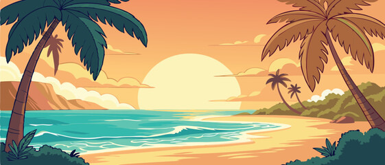 Sunset Over Tropical Ocean Beach with Palms