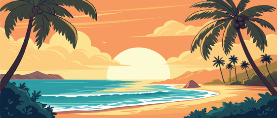 Sunset Over Tropical Ocean Beach with Palms