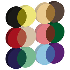 Colored circles collection. Round shape palette. Vector geometric elements. Overlapping disc pattern.