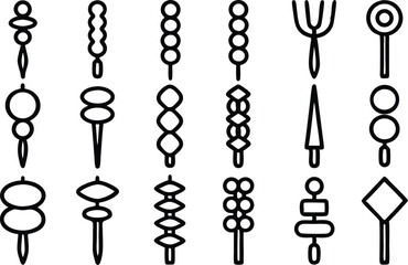 Outline icon set of skewers for food related designs isolated on transparent background