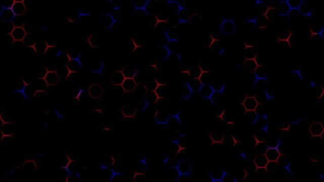 hexagon texture and glowing rays light blue red animation on plain black background