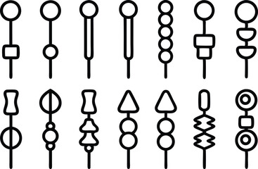 Outline icon set of skewers for food and barbecue designs isolated on transparent background