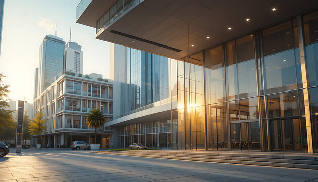Modern Glass Facade of a Contemporary Business Complex at Sunrise - Powered by Adobe