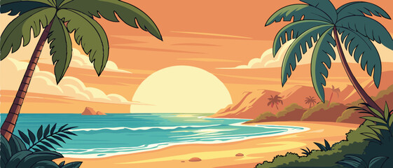 Sunset Over Tropical Ocean Beach with Palms