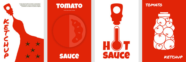Minimalist ketchup and hot sauce poster collection with tomato graphics and bold red designs.