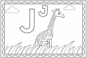 coloring page for kids, J for Giraffe, a large, clear letter J with a tall giraffe's neck elegantly curving beside it, educational page, thick outlines, black and white