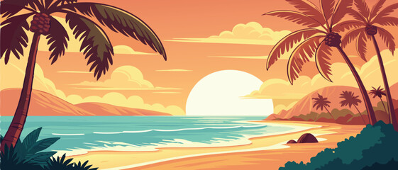 Sunset Over Tropical Ocean Beach with Palms