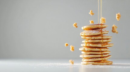 A stack of pancakes with maple syrup and cereal topping