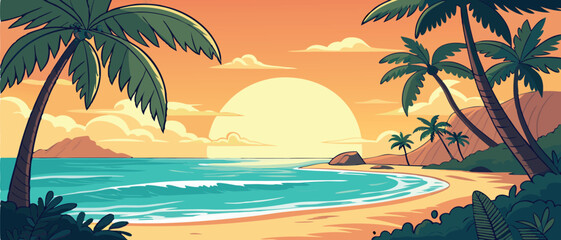 Sunset Over Tropical Ocean Beach with Palms