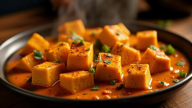 Sizzling Paneer Tikka Masala Close Up A 4K Zoom reveals the vibrant textures and steam of this delicious Indian dish