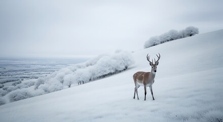 Majestic Deer Standing in a Snowy Winter Landscape Scene Outdoors