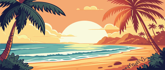 Sunset Over Tropical Ocean Beach with Palms