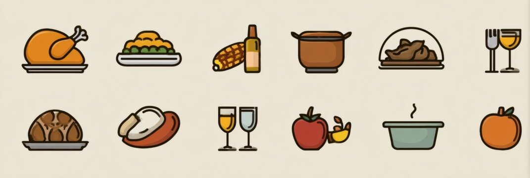Thanksgiving Meal Planner Layout Featuring Various Icons for Traditional Dishes and Beverages for Festive Dining