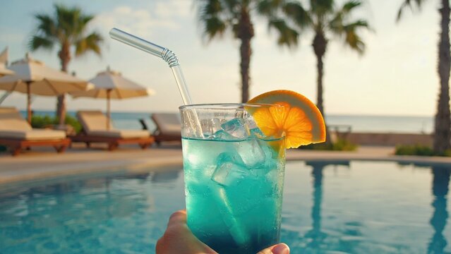 A refreshing blue cocktail with a slice of orange and a straw, held in hand by a person. Palm trees and a pool are visible in the background, suggesting a summer vibe.