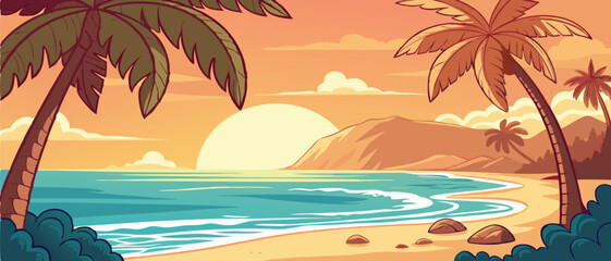Sunset Over Tropical Ocean Beach with Palms