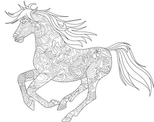 Abstract Patterned Running Horse Line Art, Detailed black and white line art illustration of a running horse filled with intricate abstract patterns, swirls, and shapes, suitable for adult coloring 