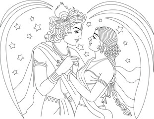 Radha Krishna Line Art, Line art illustration of the Hindu deities Radha and Krishna, symbolizing divine love and devotion. Ideal for religious themes, coloring pages, or design elements. 