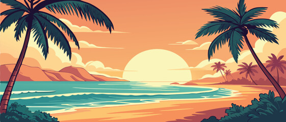 Sunset Over Tropical Ocean Beach with Palms