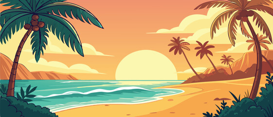 Sunset Over Tropical Ocean Beach with Palms