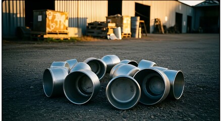 Metal Pipe Fittings on Gravel Surface at Industrial Site in Warm Light