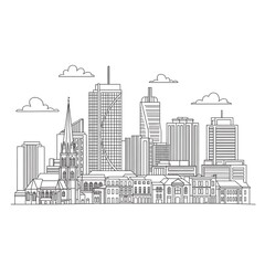 Minimalist Cityscape Outline of Buildings and Clouds on White Background